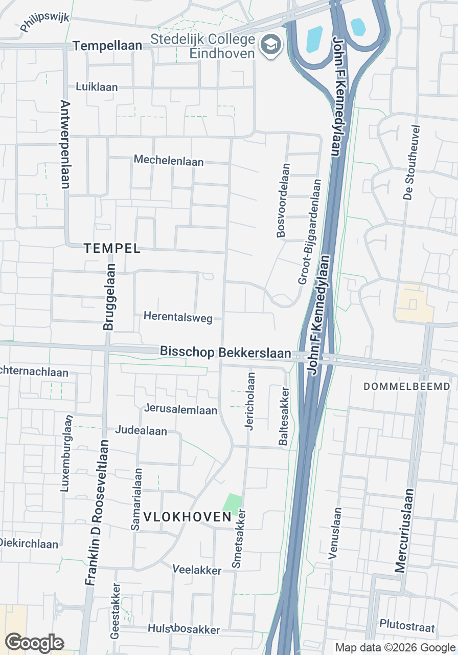 Een overzichtskaart van de locatie van Dorcas Winkel Eindhoven, gelegen aan Bisschop Bekkerslaan, met nabijgelegen straten en voorzieningen.