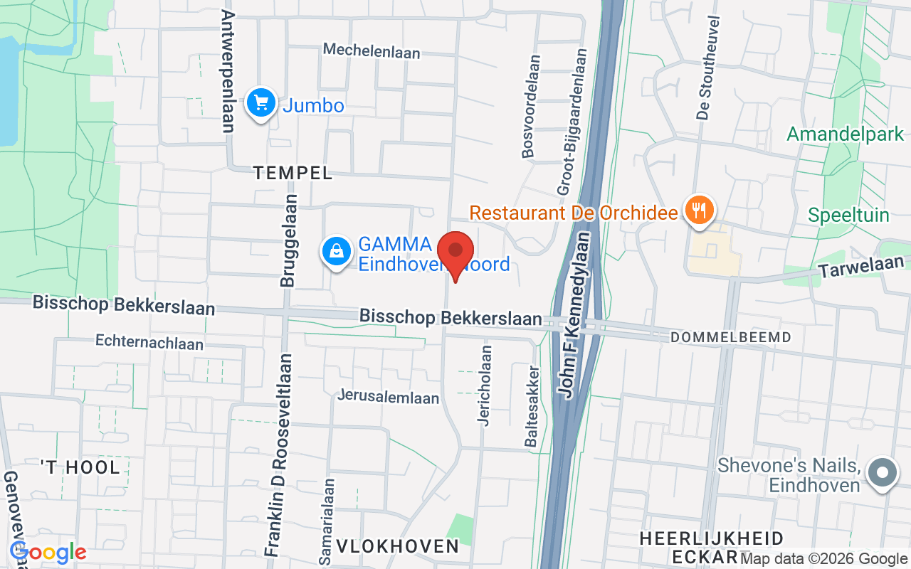 Een overzichtskaart van de locatie van Dorcas Winkel Eindhoven, gelegen aan Bisschop Bekkerslaan, met nabijgelegen straten en voorzieningen.