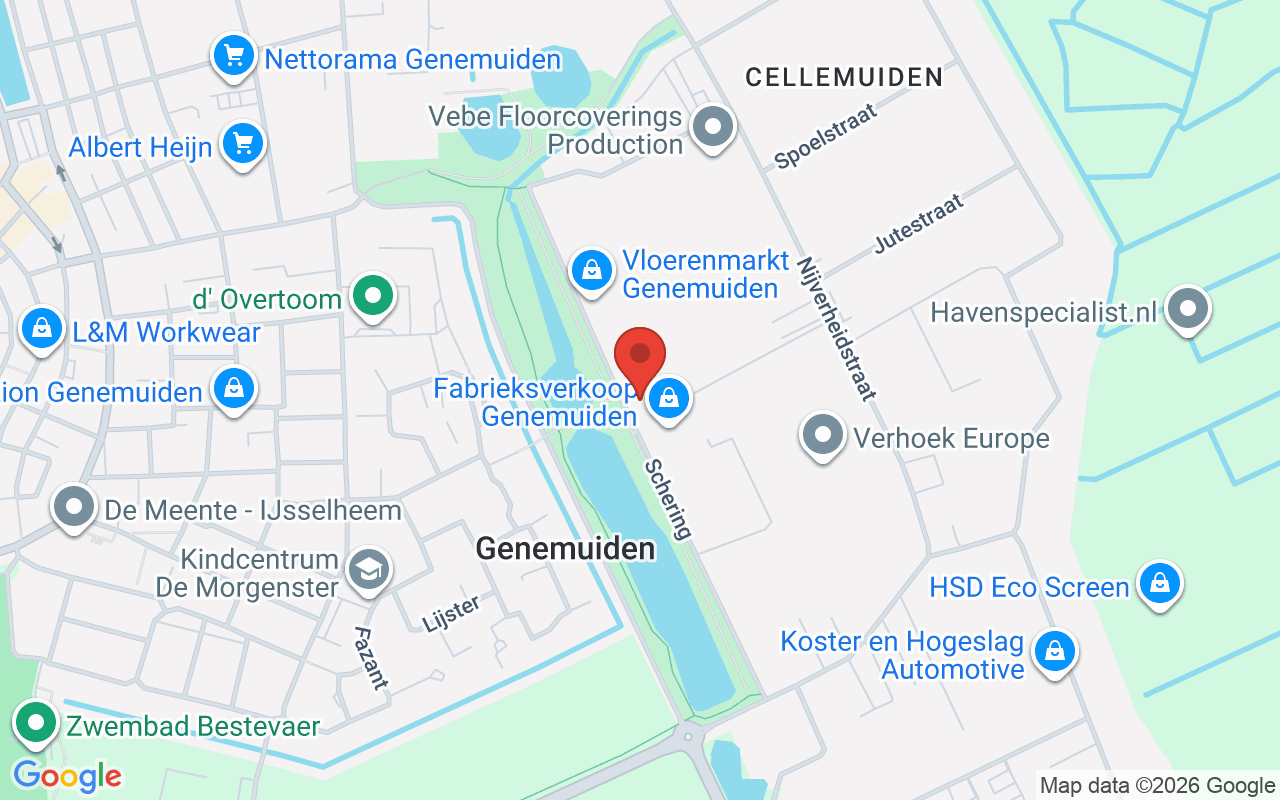 Een overzicht van de locatie van Dorcas Winkel in Genemuiden, met zicht op de omgeving en nabijgelegen winkels en voorzieningen.