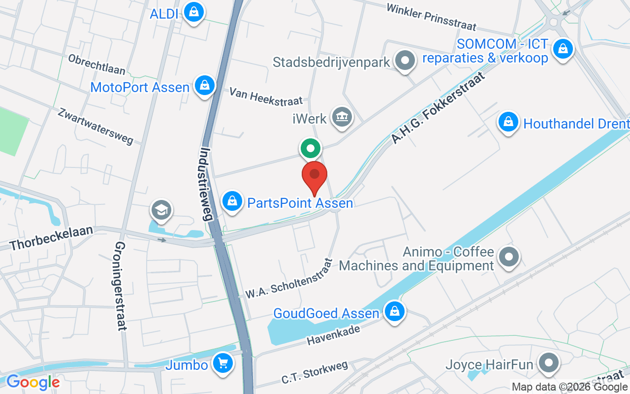 Kaart van Assen met locaties zoals PartsPoint, ALDI en GoudGoed, relevant voor humanitaire hulp en ontwikkelingsprojecten in Nederland.