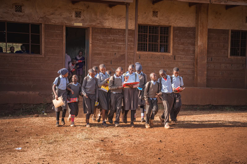 Kinderen in schooluniformen leren buiten voor een schoolgebouw in een ontwikkelingsland, illustratie van onderwijs en educatieve initiatieven door Dorcas.