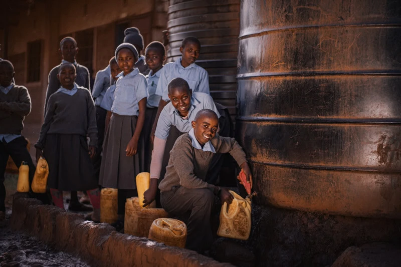 Een groep kinderen die water uit een grote tank halen, in een ontwikkelingsland, met een glimlach op hun gezicht.