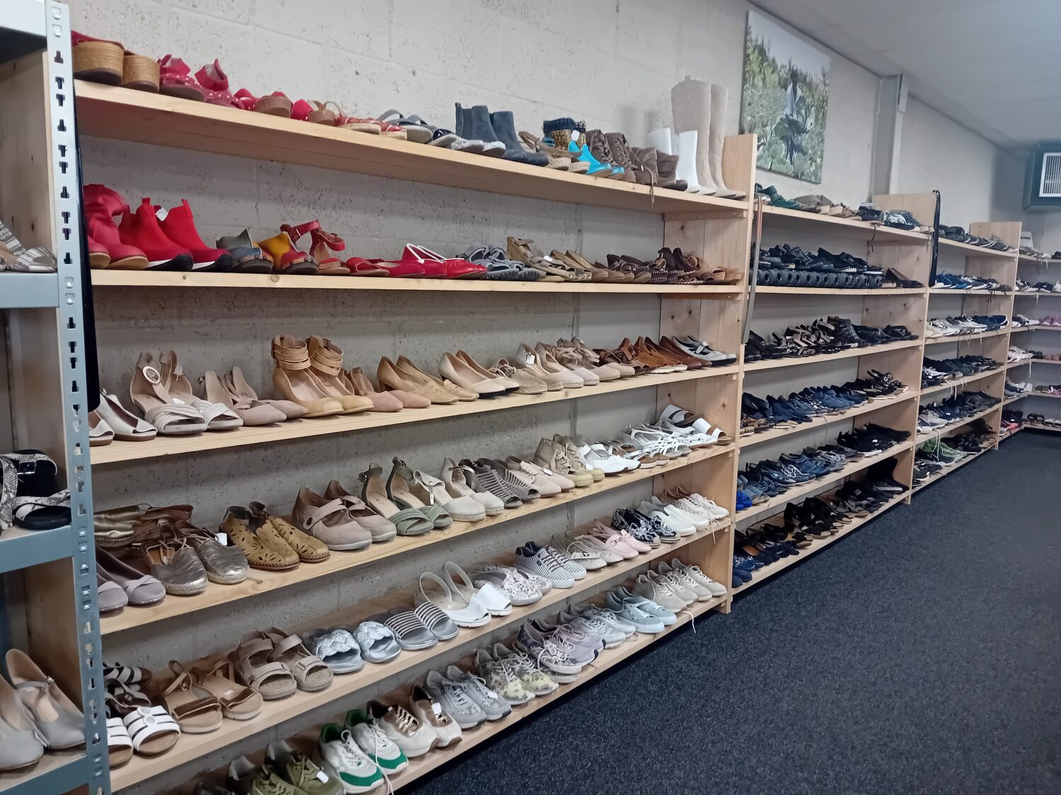 Overzicht van schoenenrekken met diverse dames- en kinderschoenen in een winkel, geschikt voor tweedehands of outlet verkoop, met een overzichtelijke presentatie.