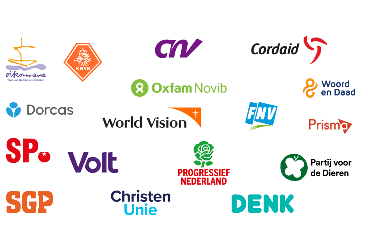 Een afbeelding met verschillende logo's van organisaties zoals Dorcas, Oxfam Novib, World Vision, FNV, en anderen, gerelateerd aan het thema 'Automatische concepten'.