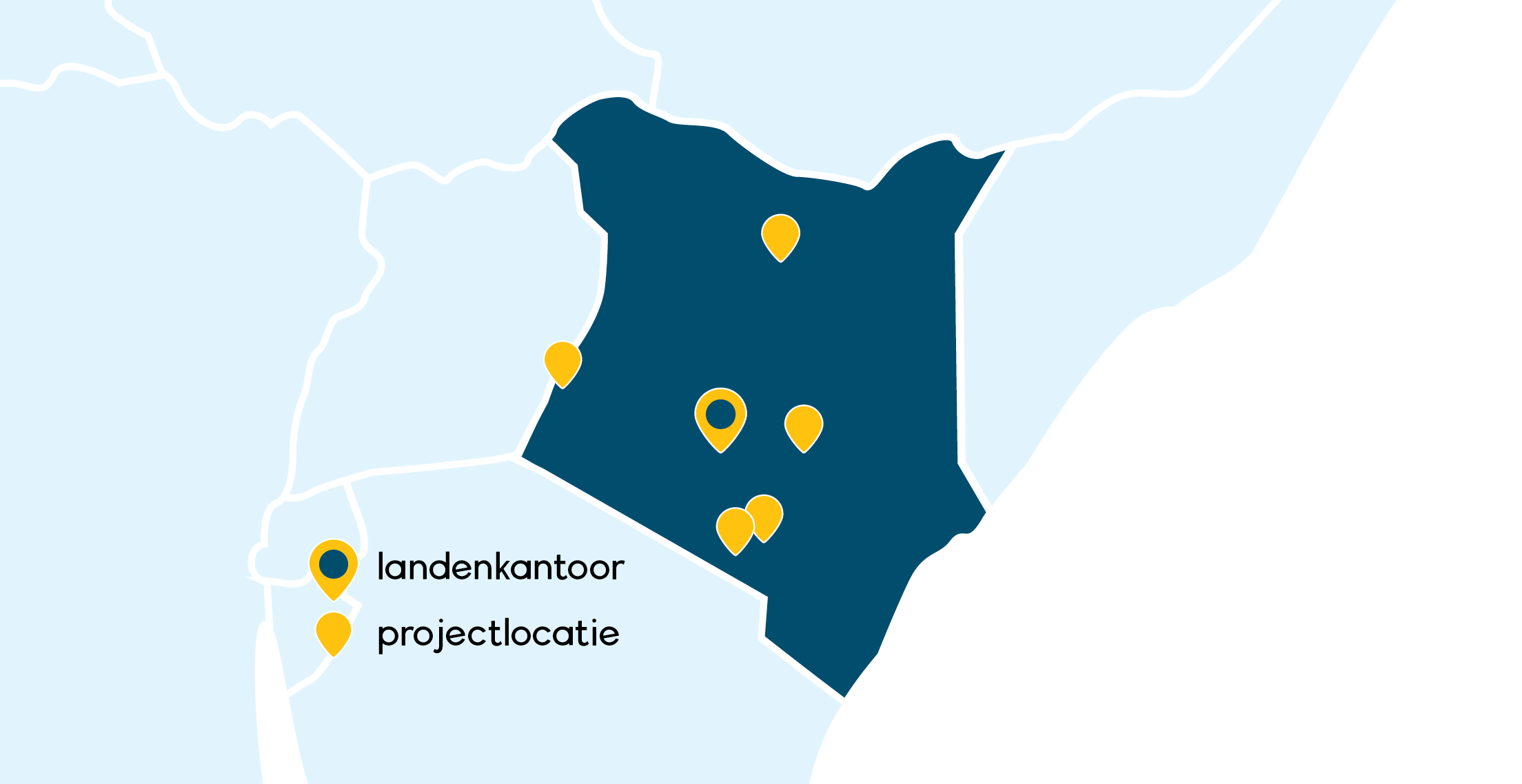 Kaart van Kenia met markeringen voor projectlocaties en kantoren, illustrerend de aanwezigheid van Dorcas in Kenia voor ontwikkelingsprojecten en lokale ondersteuning.