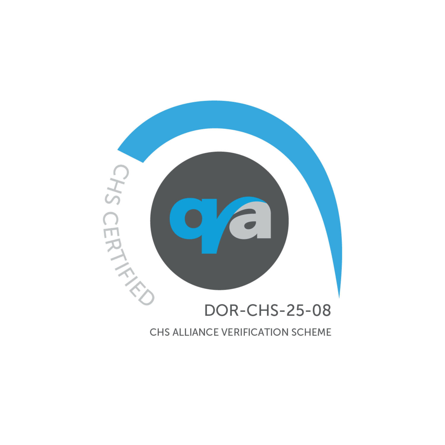 Certificeringslogo van CHS-Alliance voor verificatieschema, met blauwe en grijze kleuren, symboliseert betrouwbaarheid en compliance voor organisaties.