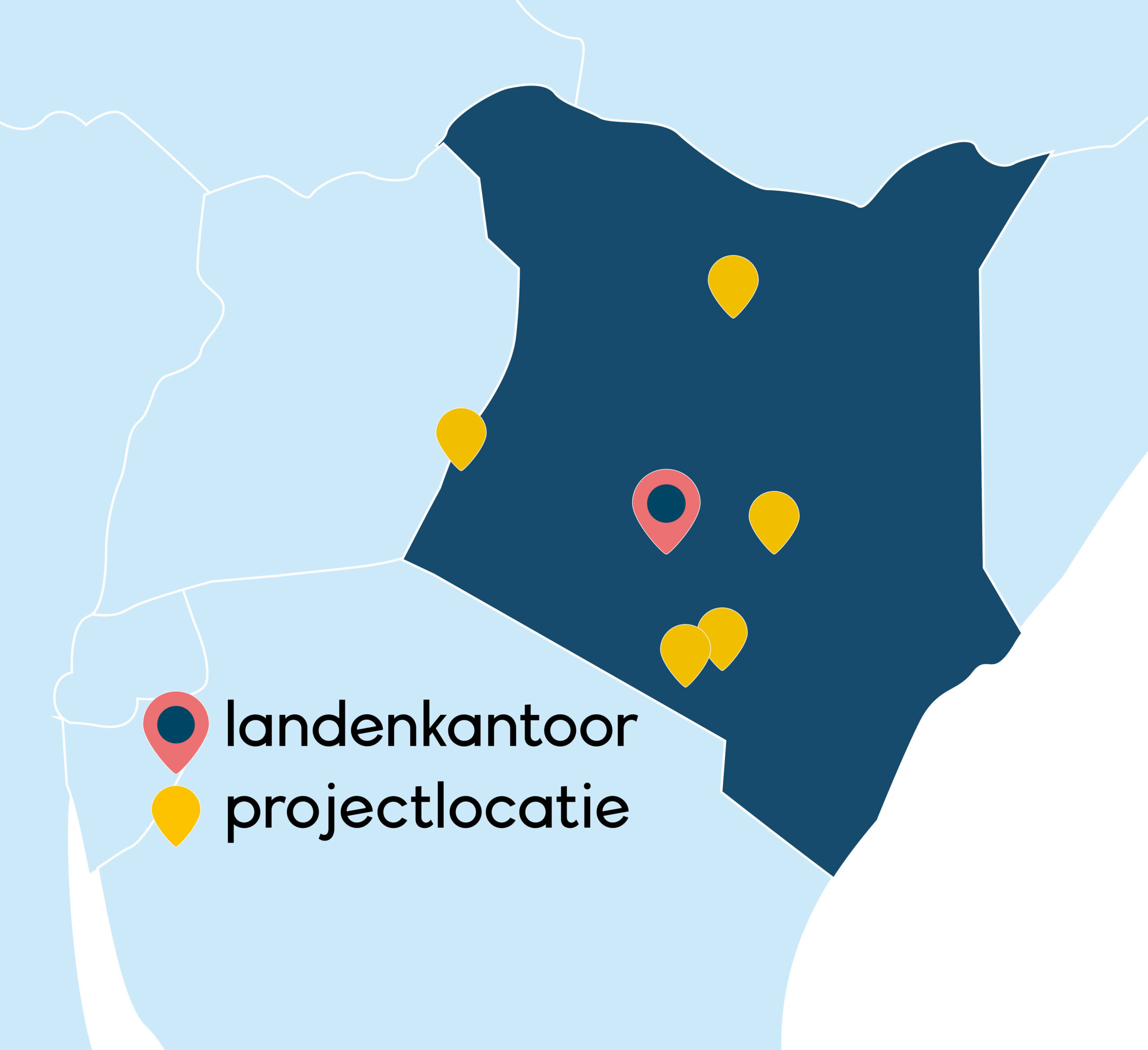 Een kaart van Kenia met markeringen voor landenkantoor en projectlocaties, weergegeven met gekleurde pinnen en labels voor duidelijkheid.