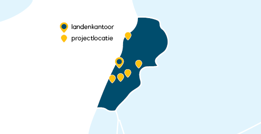 Een kaart van Libanon met markeringen voor landenkantoor en projectlocaties, illustrerend de betrokkenheid van Dorcas in Libanon.