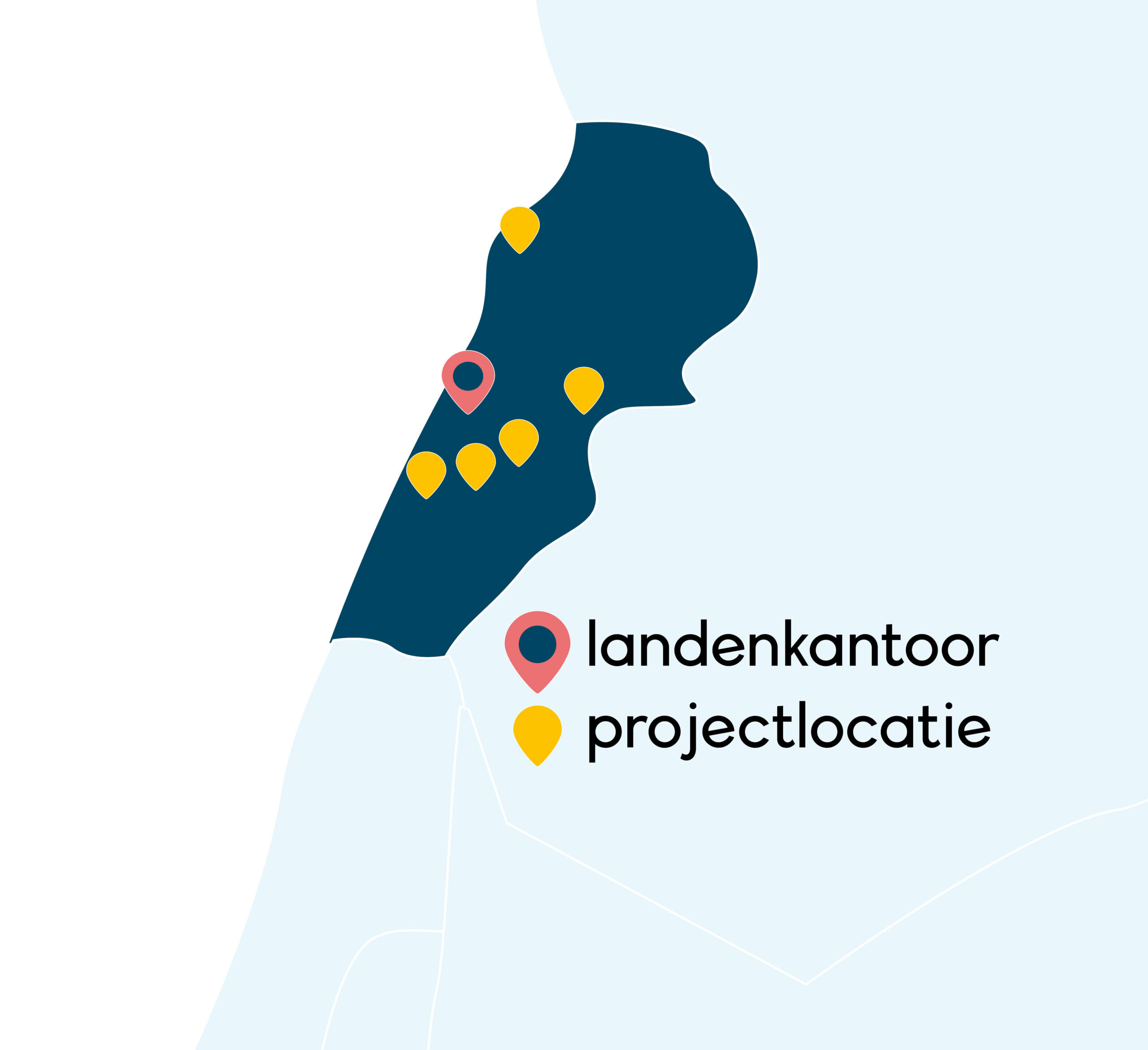 Een kaart van Libanon met markeringen voor projectlocaties en landenkantoren, weergegeven met verschillende iconen en kleuren voor duidelijkheid en overzicht.