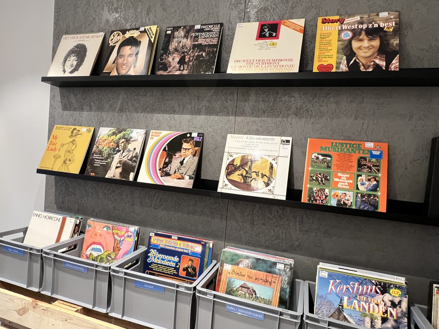 Een overzicht van diverse boeken en tijdschriften uitgestald op zwarte muurplank, geschikt voor leesliefhebbers en bibliotheekcollecties.