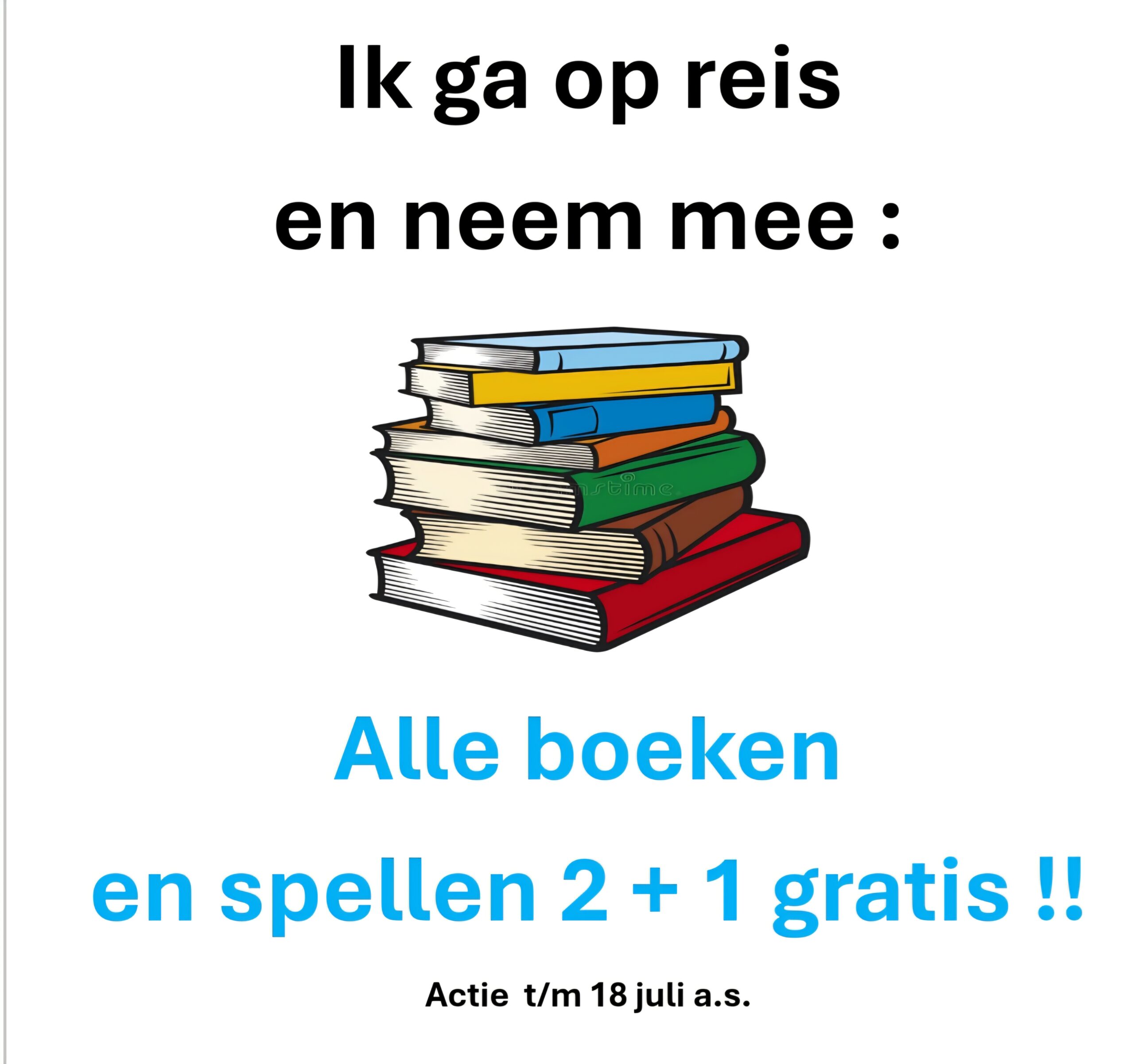 Illustratie van een stapel boeken met tekst over een actie voor gratis boeken en spellen, gericht op educatie en hulpverlening door Dorcas. Perfect voor humanitaire en educatieve campagnes.