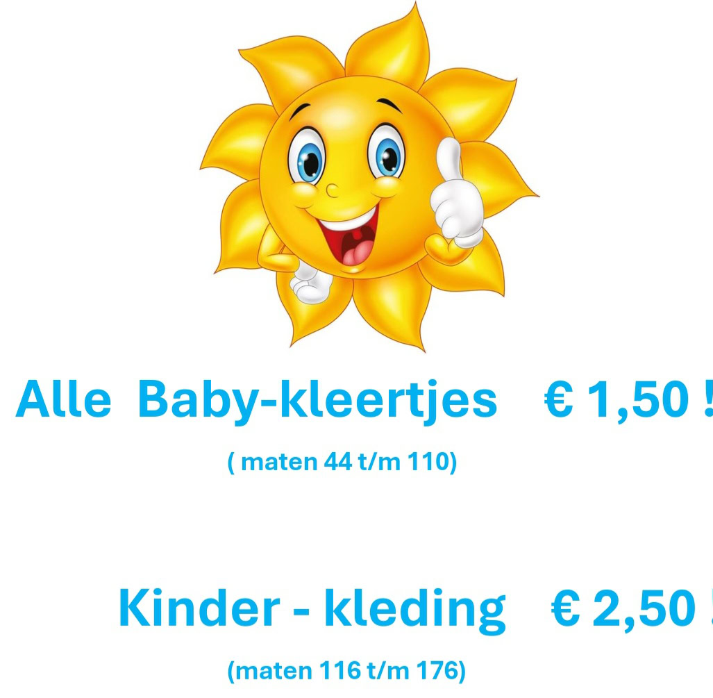 Vrolijke zon met lachend gezicht en duim omhoog, promotie voor baby- en kinderkleding met prijzen, gericht op hulp en armoedebestrijding in ontwikkelingslanden.