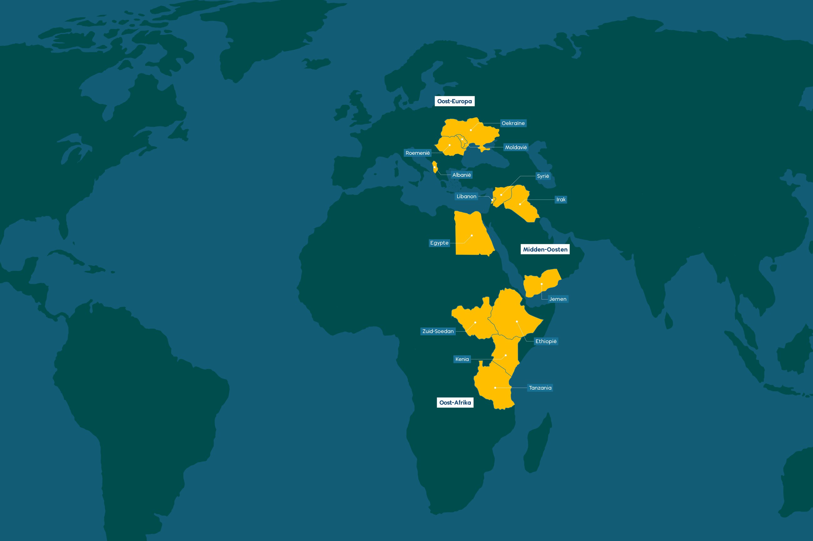 Wereldkaart met Oost-Europa, Oost-Afrika en het Midden-Oosten gemarkeerd, illustrerend de focusgebieden van Dorcas voor humanitaire hulp en ontwikkelingssamenwerking.