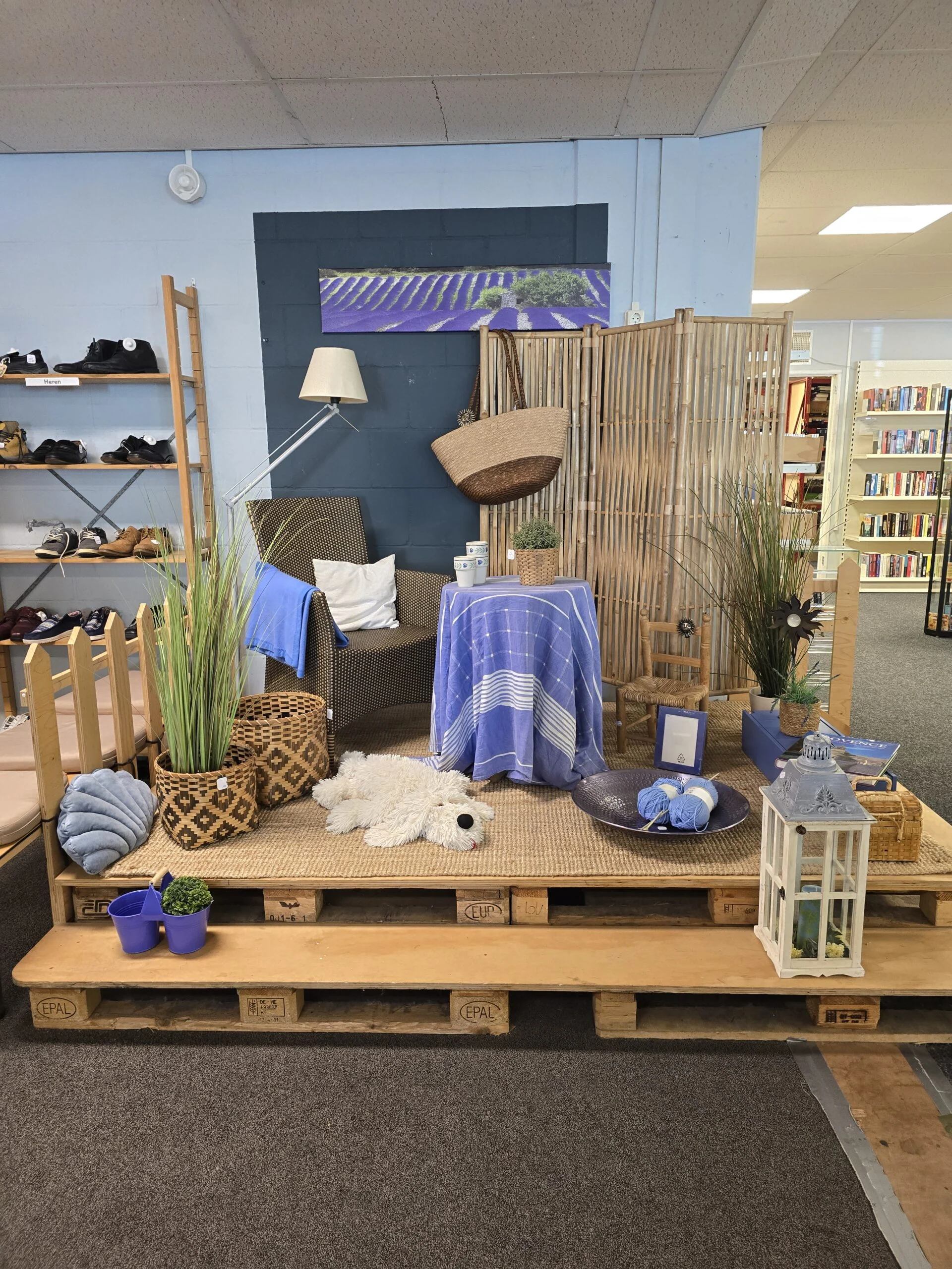 Gezellige leeshoek met fauteuil, planten, lamp, en decoratieve items in een bibliotheek of winkel, gericht op comfort en ontspanning.