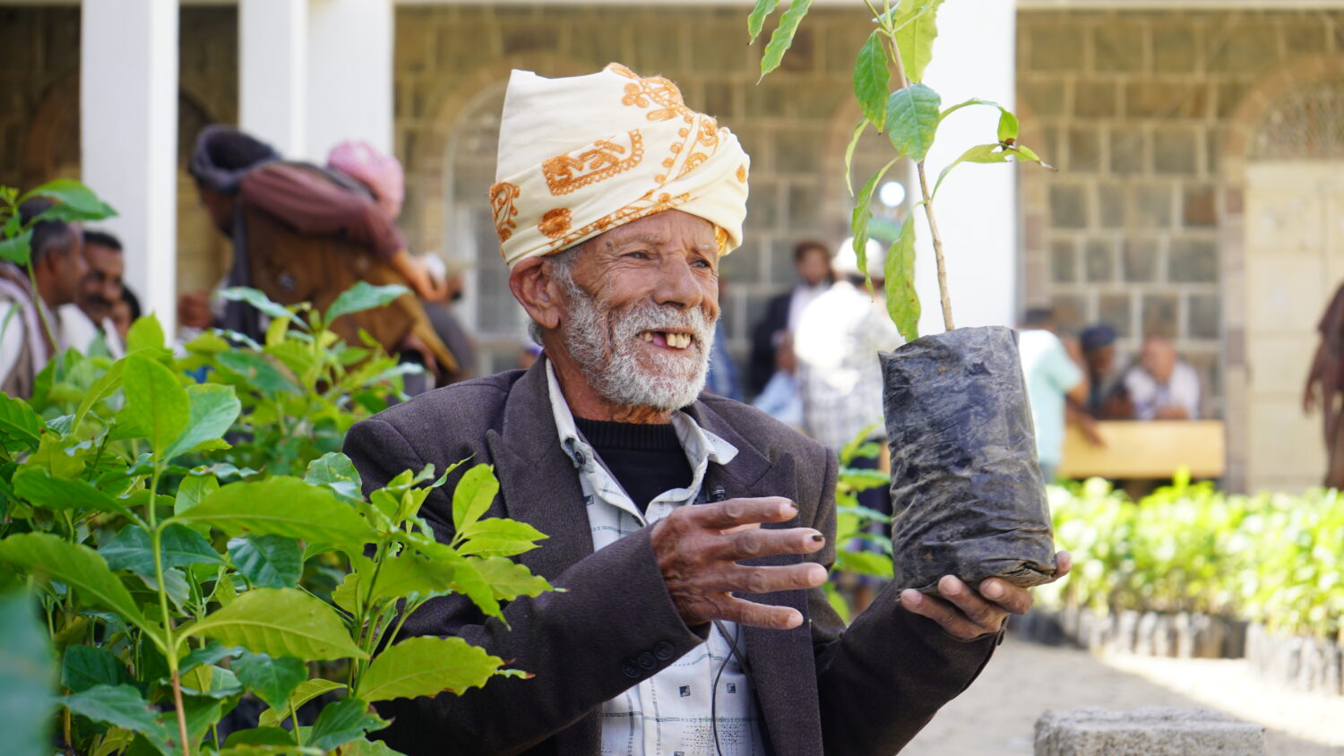 Man met witte baard en traditionele hoofdband plant een jonge boom in een zwarte pot, symboliseert duurzame hulp en armoedebestrijding in ontwikkelingslanden.