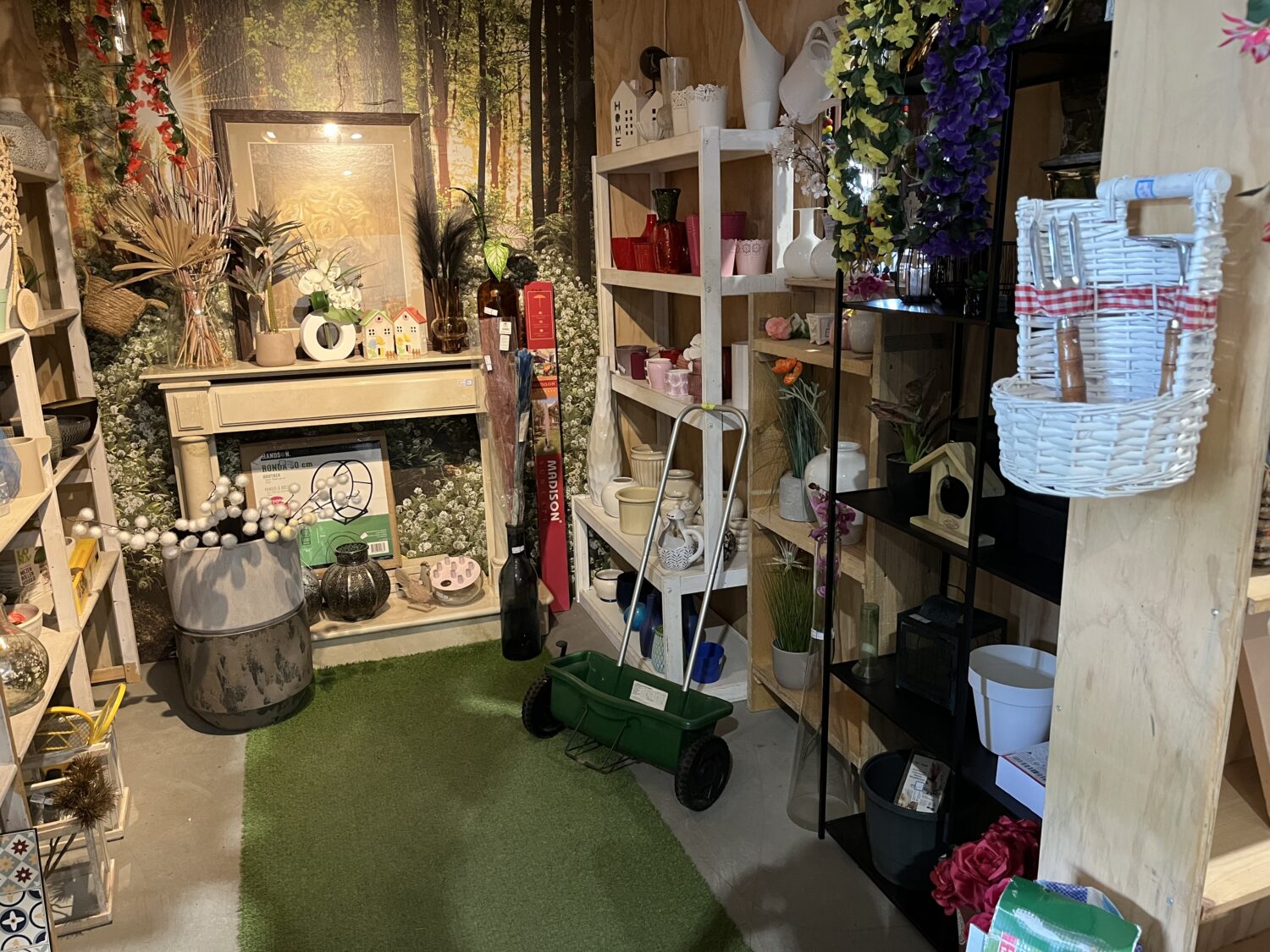 Een winkel met diverse planten, decoraties en huishoudartikelen, ingericht met houten planken en groene tapijten, gericht op humanitaire hulp en armoedebestrijding.