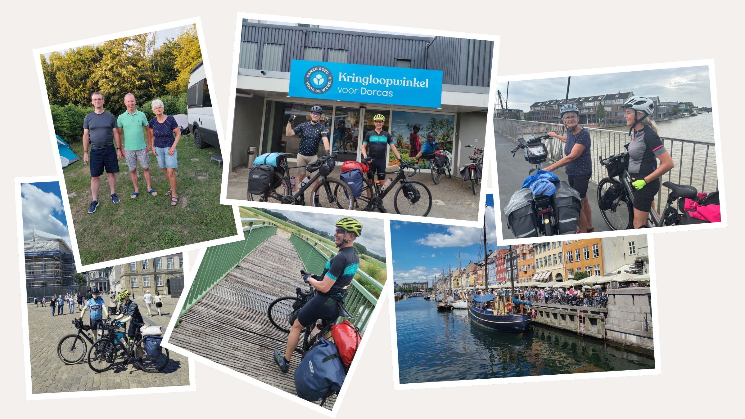 Vijf mensen met fietsen voor een winkel voor Dorcas, actief in humanitaire hulp en noodhulp, in Oost-Europa, Oost-Afrika en het Midden-Oosten.