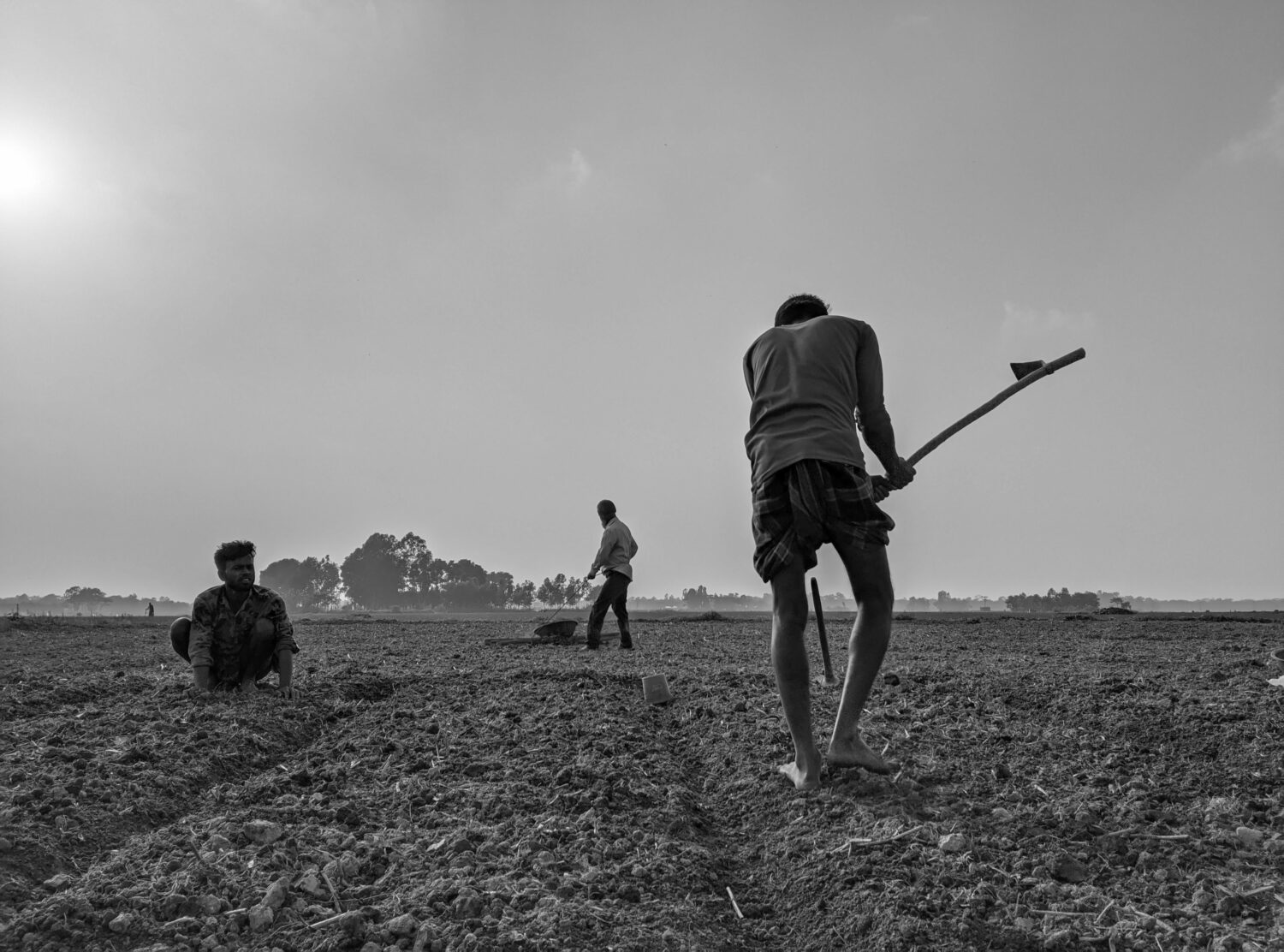 Mensen werken in een veld, wat humanitaire hulp en armoedebestrijding symboliseert, passend bij de missie van Dorcas in Oost-Afrika en andere regio's.