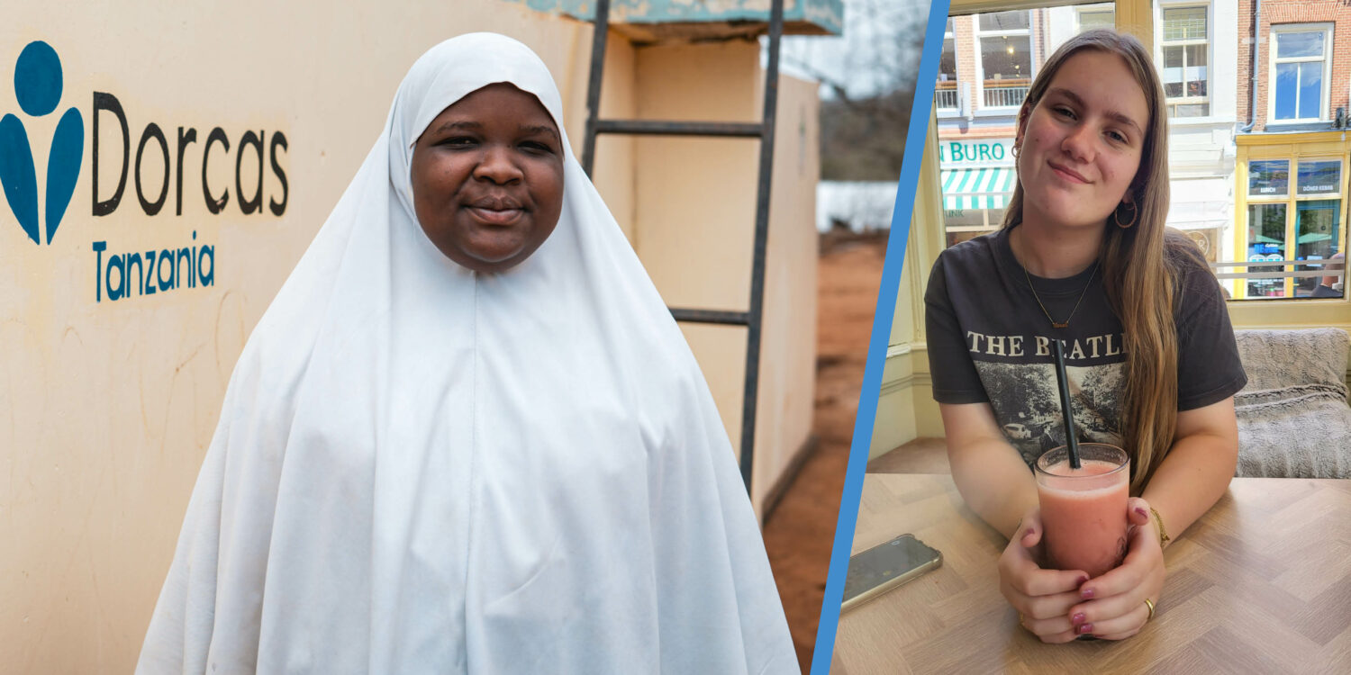 Vrouw in hoofddoek en een jonge vrouw met drankje, symboliseert humanitaire hulp en empowerment in Tanzania en Nederland, passend bij Dorcas' missie.