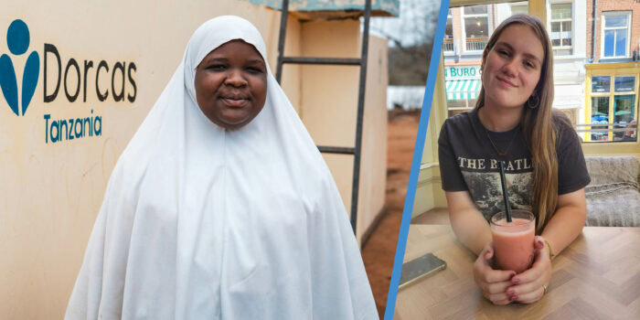 Vrouw in hoofddoek en een jonge vrouw met drankje, symboliseert humanitaire hulp en empowerment in Tanzania en Nederland, passend bij Dorcas' missie.