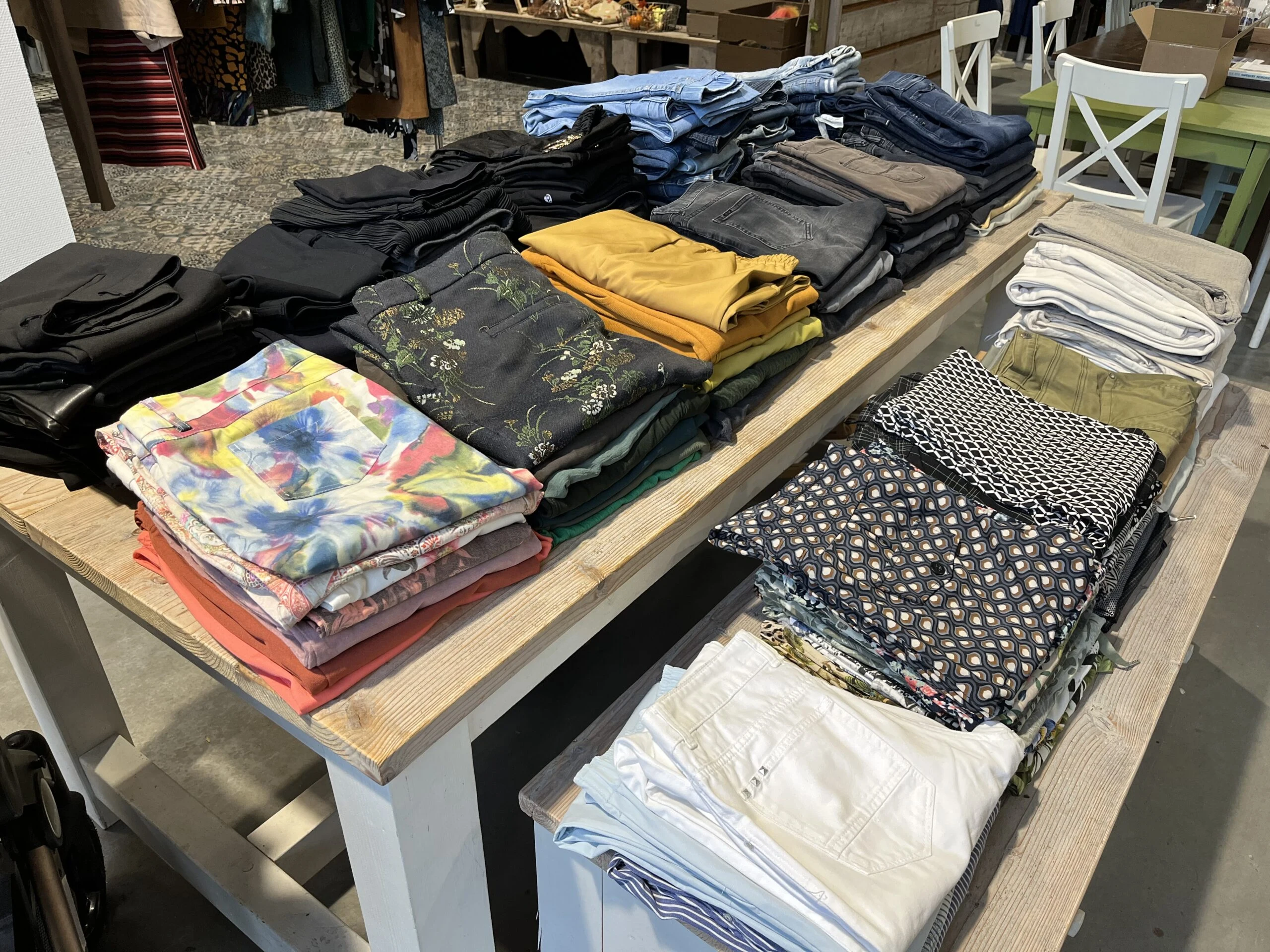 Diverse kledingstukken en textiel liggen gesorteerd op een tafel bij een hulporganisatie, symboliserend humanitaire hulp en armoedebestrijding in ontwikkelingslanden.