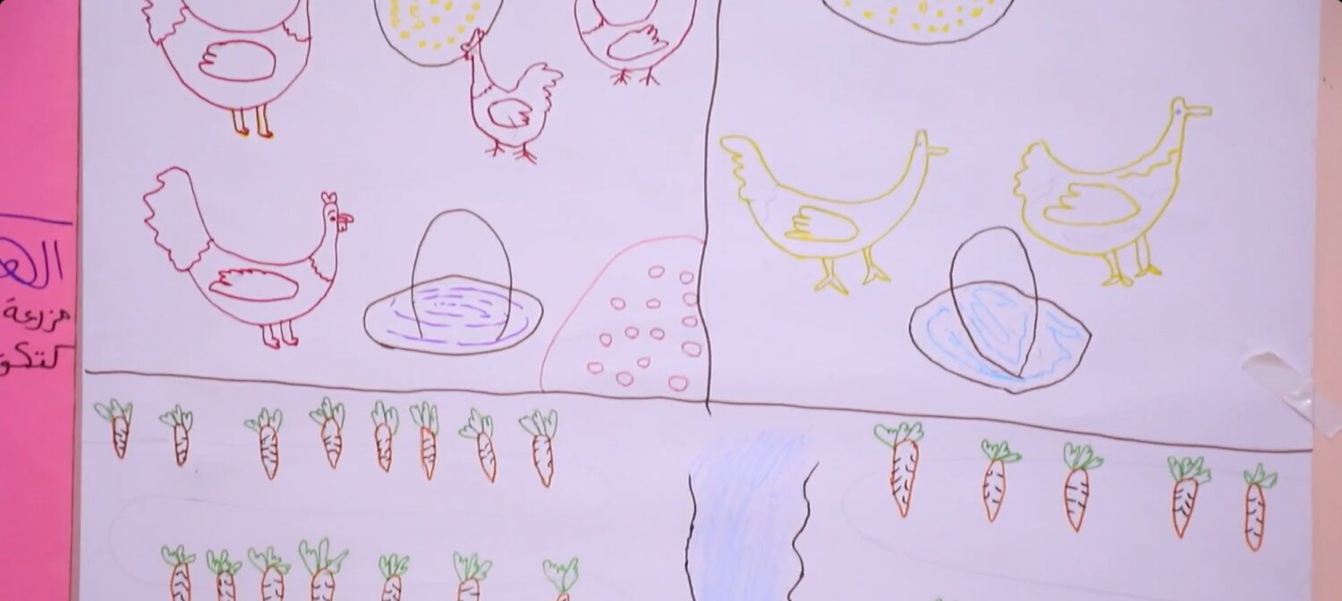 Kinderen tekenen kippen, eieren en groenten in pastelkleuren; illustratie aansluitend bij noodhulp en armoedebestrijding, dorcas.nl context, toekomstige uitbreiding kippenproject.