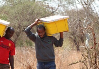 Justus Makau9(2) Mannen lopen met gele crates op hun hoofd door een droog landschap in Kenia.